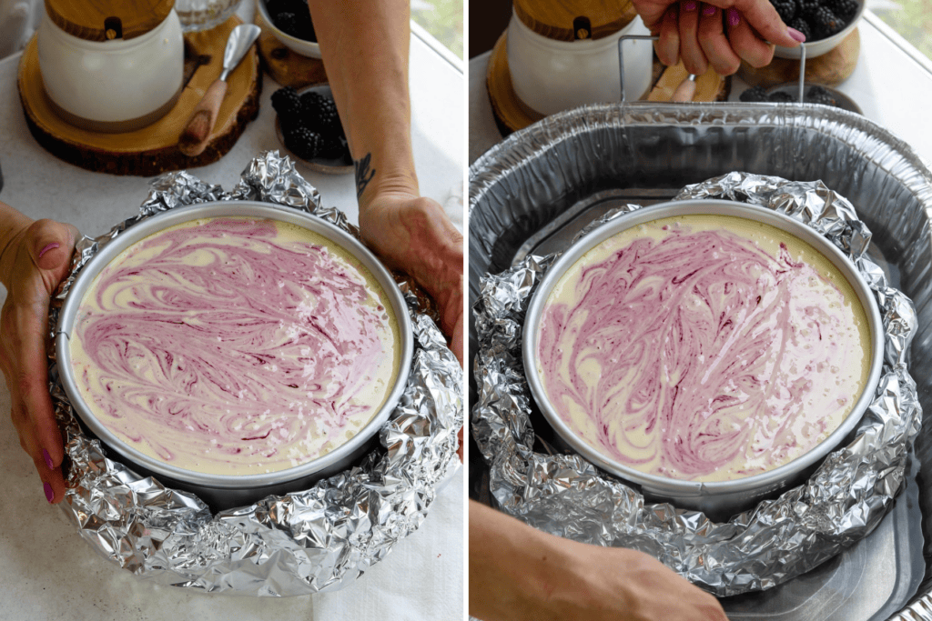 first picture: wrapping with foil the bottom of a cheesecake pan with swirled cheesecake batter inside. second picture: pan wrapped with foil on the bottom inside of a roasting pan with water inside for a water bath.