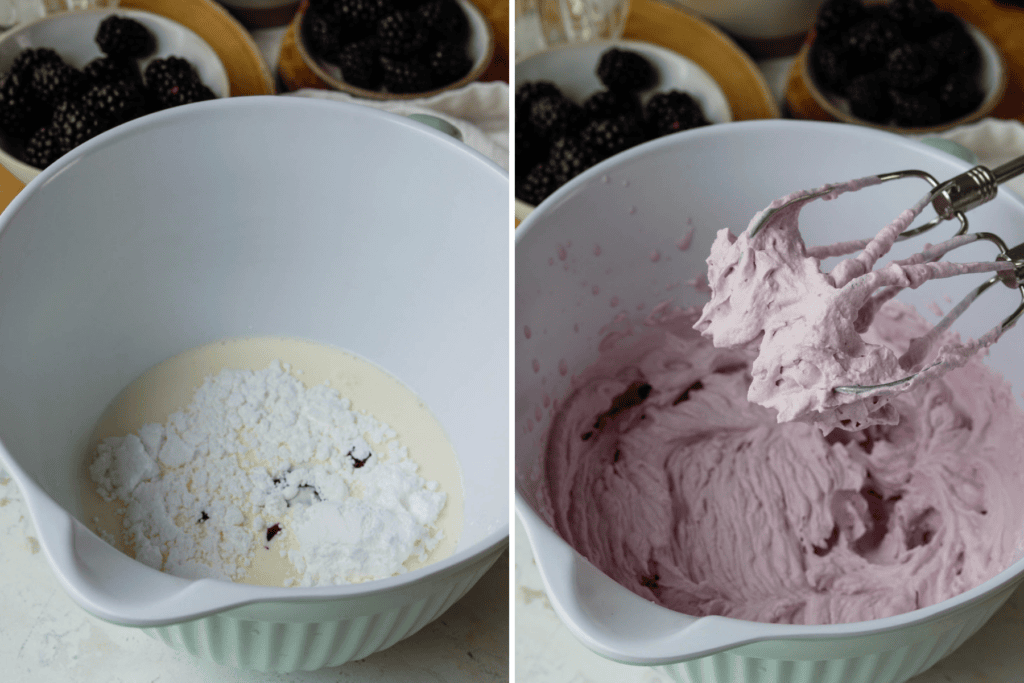 first picture: bowl with heavy cream, powdered sugar, and blackberry sauce inside. second picture: blackberry whipped cream in a bowl with a whisk of an electric mixer.