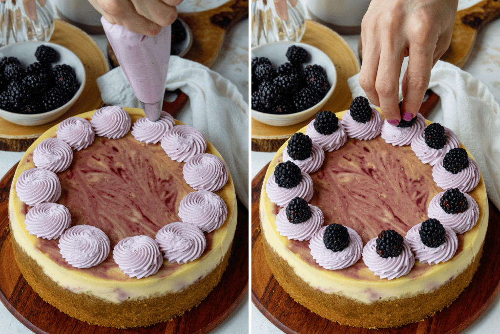 first picture: piping blackberry whipped cream on top of a cheesecake with swirls on top. second picture: placing a blackberry on top of a cheesecake with whipped cream on top.