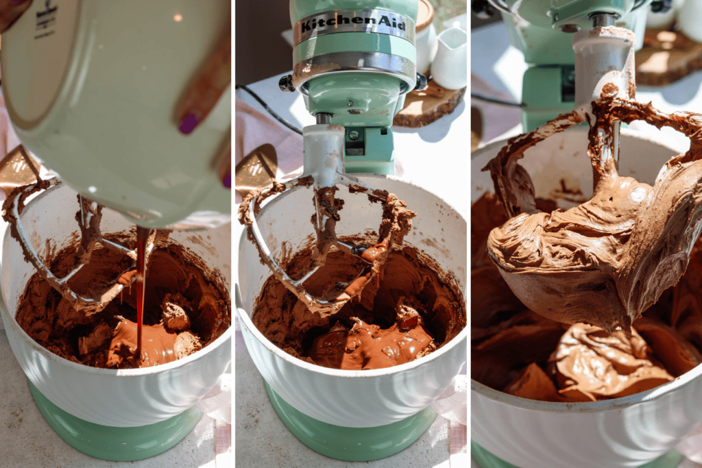first picture: adding melted chocolate to a bowl with chocolate frosting. second picture: bowl with chocolate frosting and melted chocolate inside. third picture: bowl with chocolate frosting on the paddle attachment.