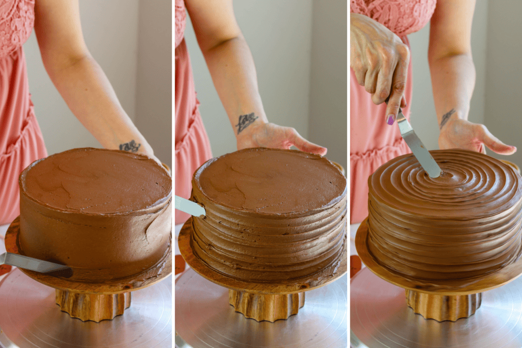 first picture: running the spatula through the side of the cake to make a swirl effect. second picture: same as first. third picture: swirling the top of the cake with a spatula.