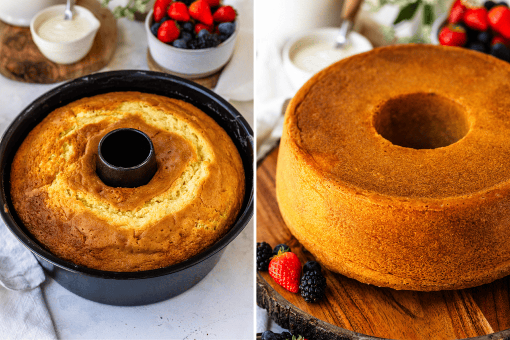 first picture: pound cake in a bundt pan. second picture: bundt pound cake on top of a wooden board with berries in the bowl.