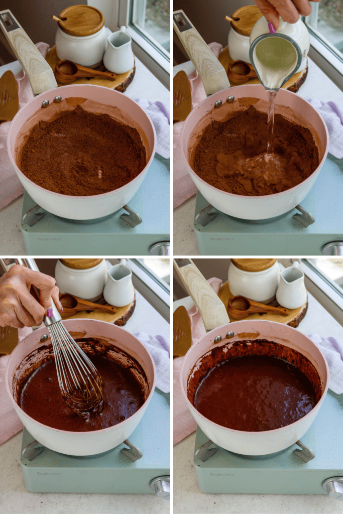 making chocolate syrup. first picture: cocoa powder and sugar in a saucepan. second picture: water being added to the pan with cocoa powder and sugar. third picture: whisk stirring the chocolate syrup in the saucepan. fourth picture: chocolate syrup in a saucepan.