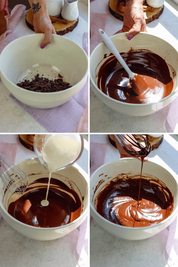 first picture: bowl with chocolate chopped inside. second picture: bowl with melted chocolate inside. third picture: adding heavy cream to a bowl of melted chocolate. fourth picture: heavy cream melted with chocolate in a bowl.