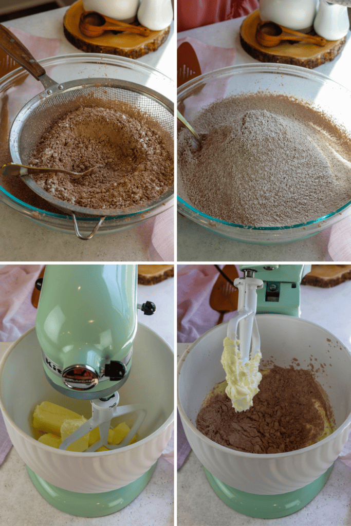 first picture: sifting the powdered sugar and cocoa powder in a bowl. second picture: sifted cocoa powder and powdered sugar in a bowl. third picture: butter inside of the bowl of an electric mixer. fourth picture: powdered sugar and cocoa powder added to the bowl with the butter.