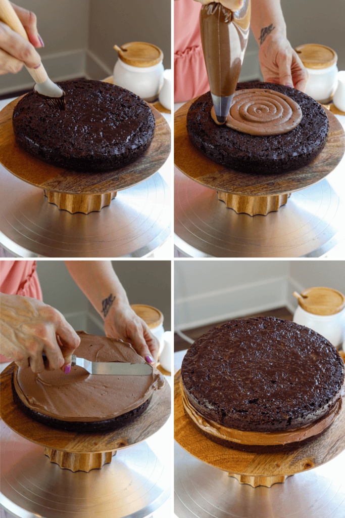 first picture: brushing chocolate syrup on top of a cake layer on a cake stand. second picture: piping chocolate frosting on top of a cake layer. third picture: smoothing the frosting with a spatula. fourth picture: cake layer on top of the frosting.