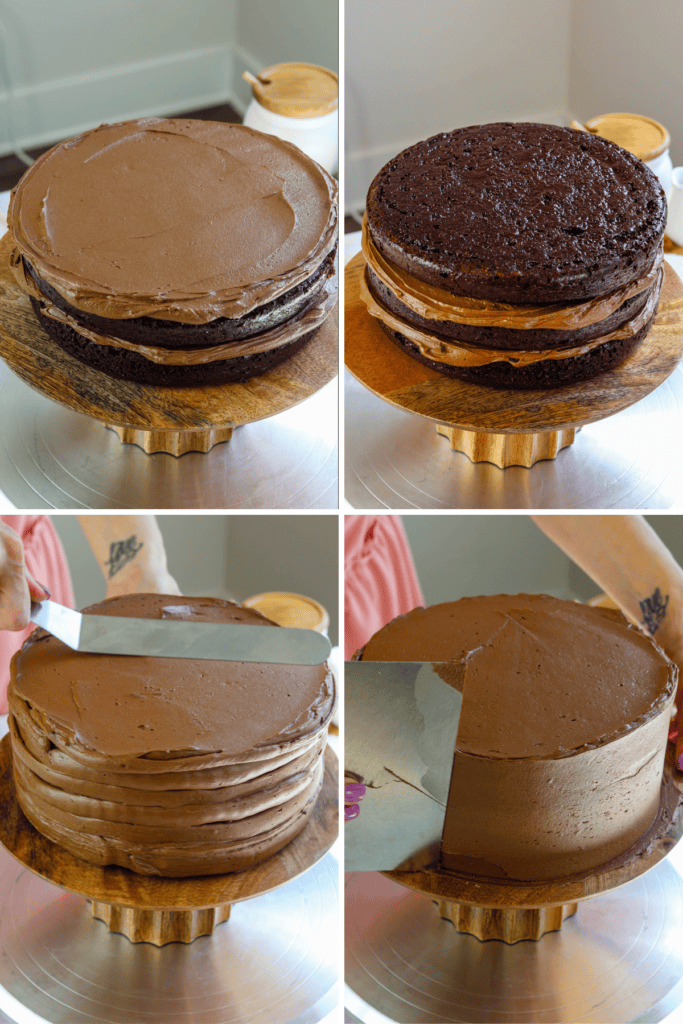 first picture: two cake layers with chocolate frosting in between, on top of a cake stand. second picture: three cake layers on top of a cake stand with chocolate frosting in between. third picture: hand scraping the frosting with a spatula. fourth picture: hand scraping the sides of the cake with a spatula.