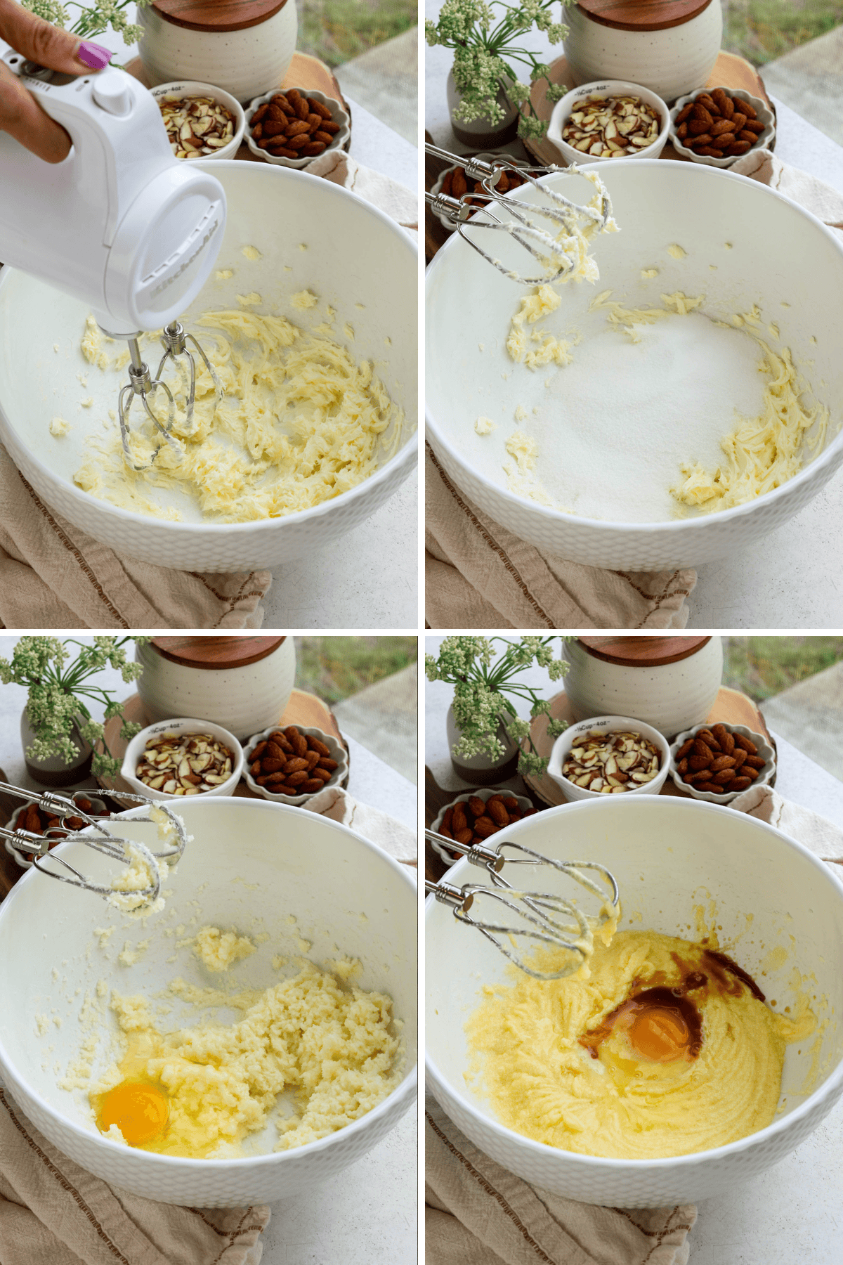 first picture: bowl with butter inside and an electric mixer beating the butter. second picture: granulated sugar added to a mixing bowl with whipped butter. third picture: bowl with butter and sugar beat together, and one egg added to the bowl. fourth picture: bowl with sugar and butter whipped together, with an egg added and vanilla extract.