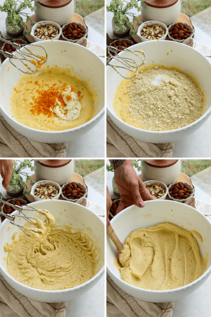 first picture: bowl with batter inside, and ricotta and orange zest in the bowl. second picture: bowl with batter inside and added almond flour to the bowl. third picture: bowl with almond cake batter inside. fourth picture: hand stirring with a spatula the batter in the bowl.