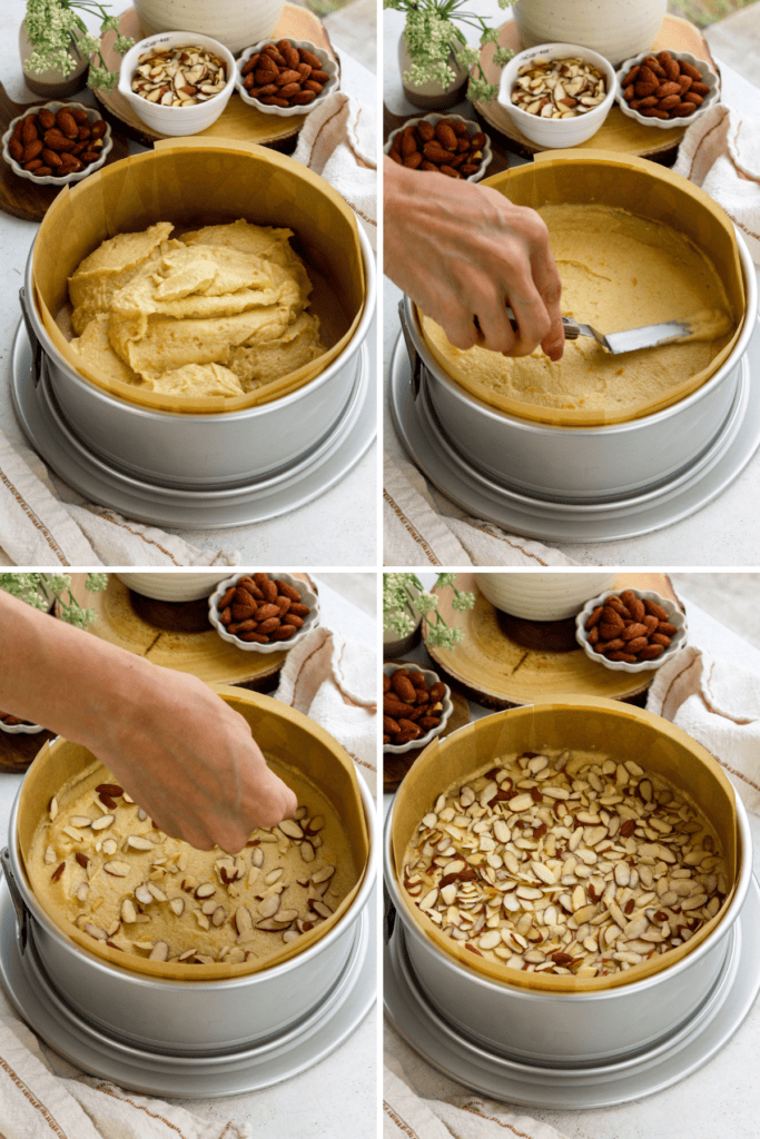 first picture: almond cake batter inside of a cake pan lined with parchment paper. second picture: hand smoothing out almond cake batter in a cake pan. third picture: hand pouring sliced almonds on top of cake batter. fourth picture: cake pan with batter inside and almonds on top.