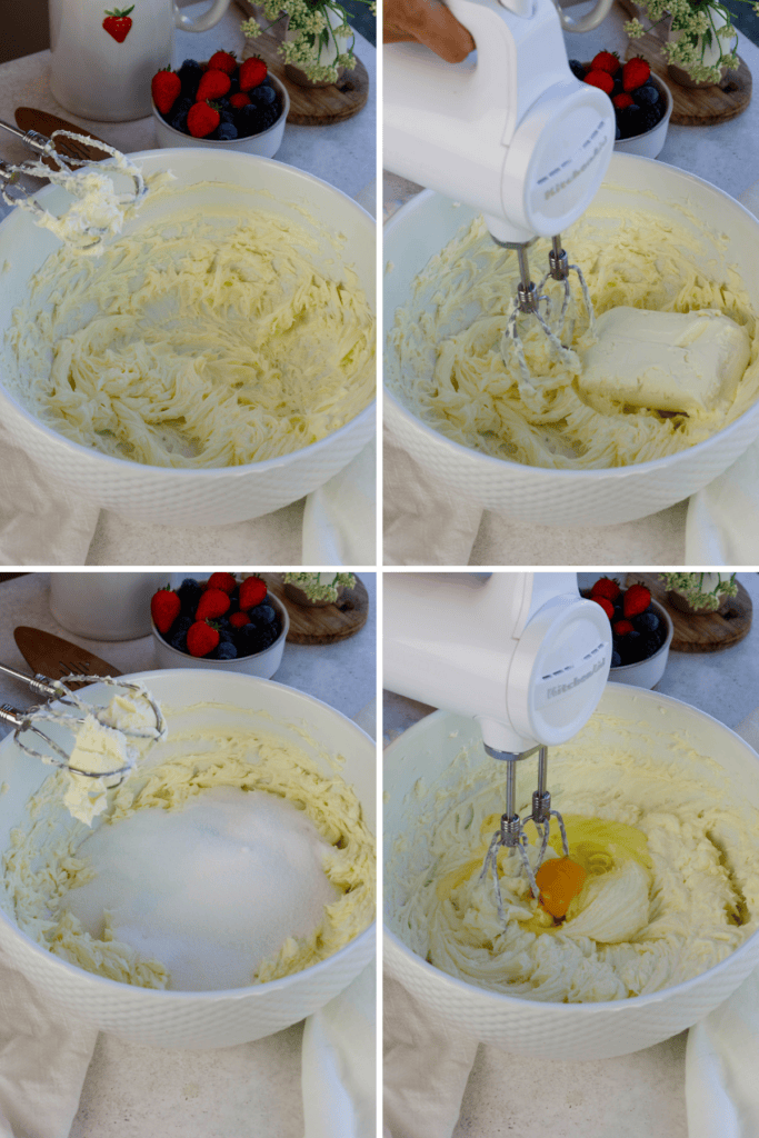first picture: bowl with butter whipped inside. second picture: bowl with whipped butter inside and a block of cream cheese in the bowl. third picture: bowl with whipped butter and cream cheese and sugar added to the bowl. fourth picture: bowl with batter inside, and an egg inside the bowl.