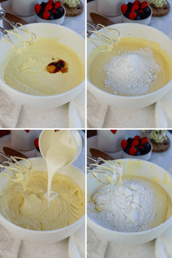 first picture: adding vanilla extract to a bowl with batter. second picture: bowl with batter inside and flour added to the batter. third picture: pouring buttermilk in a bowl with batter. fourth picture: flour poured in a bowl with cake batter.