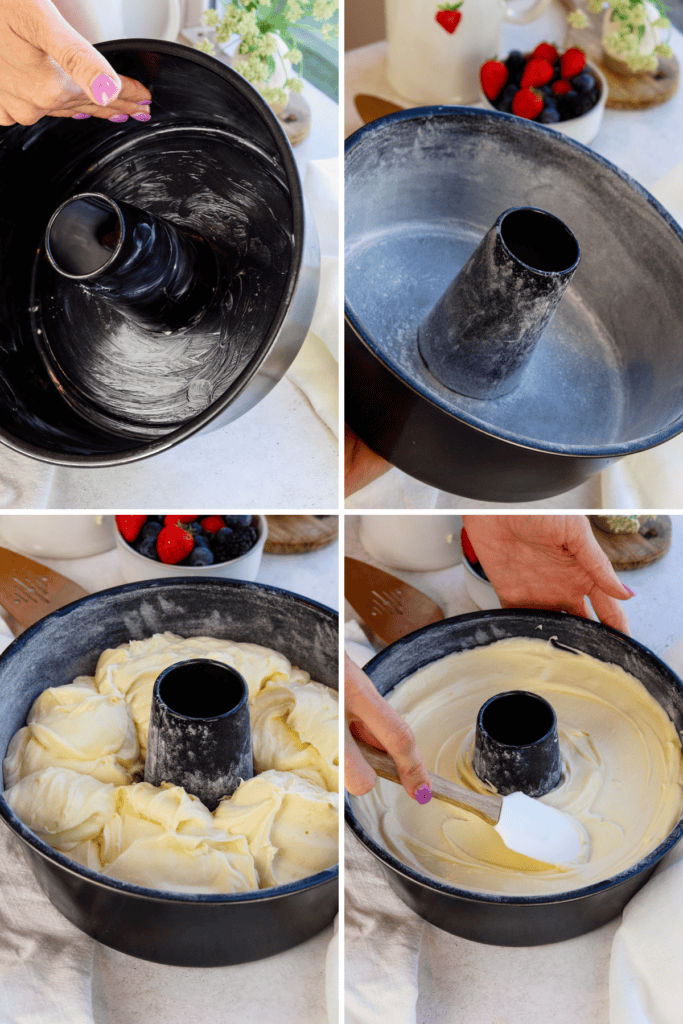 first picture: hand spreading butter in a baking bundt pan. second picture: bundt pan greased with butter and flour sprinkled all over it. third picture: cake batter inside the bundt pan. fourth picture: hand smoothing the batter over with a spatula.