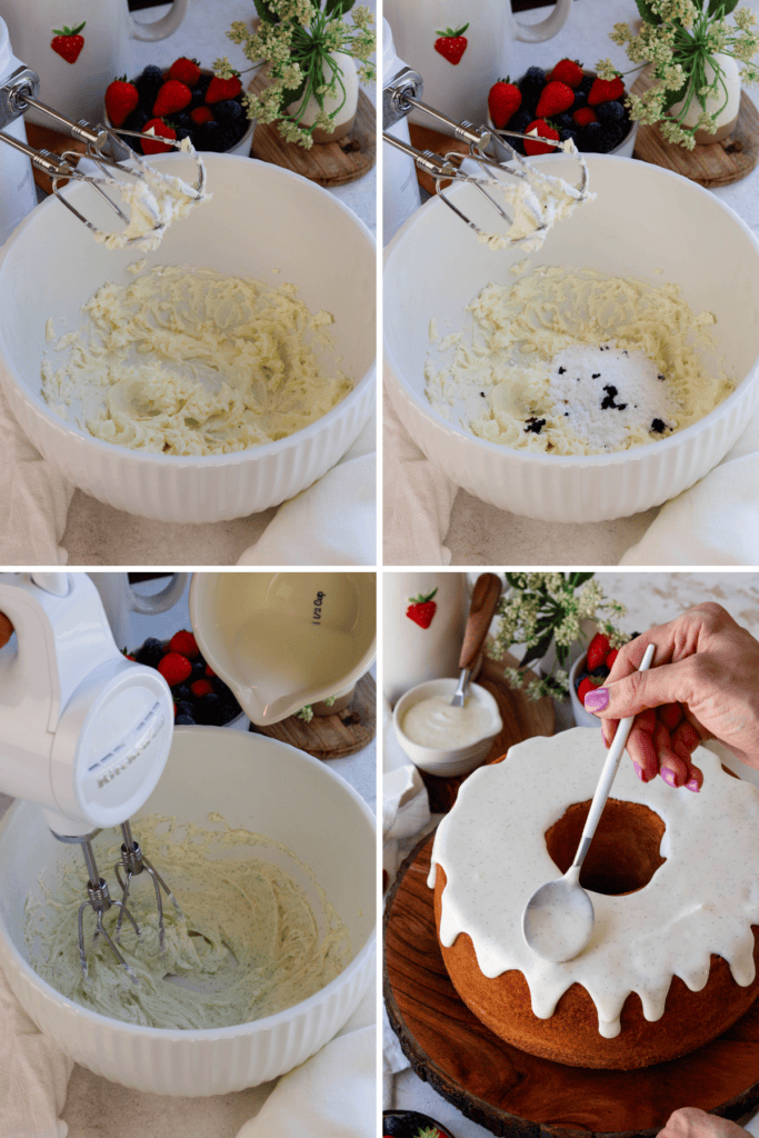 first picture: cream cheese and butter beaten in a bowl. second picture: whipped cream cheese and butter in a bowl with powdered sugar and vanilla bean seeds in the bowl. third picture: mixer mixing the cream cheese glaze in the bowl with milk being added. fourth picture: hand pouring glaze over cake with a spoon.