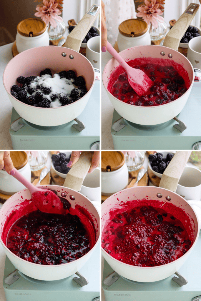 first picture: blackberries in a pan with sugar added. second picture: pan with blackberries boiling. third picture: spatula pressing the blackberries against the side of the pan. fourth picture: pan with blackberry sauce boiling inside.