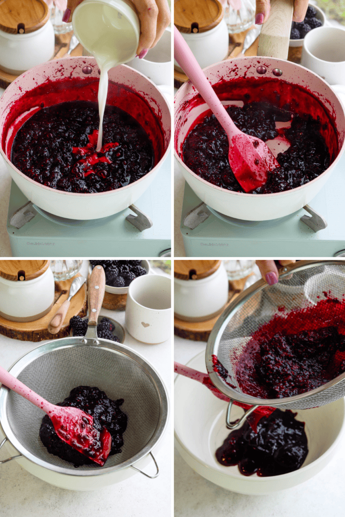 first picture: pan with blackberry sauce inside, adding cornstarch dissolved in water to the pan. second picture: pan with blackberry sauce inside, and a spatula mixing it. third picture: blackberry sauce poured into a fine mesh sieve. fourth picture: scraping the bottom of a fine mesh sieve with the spatula.