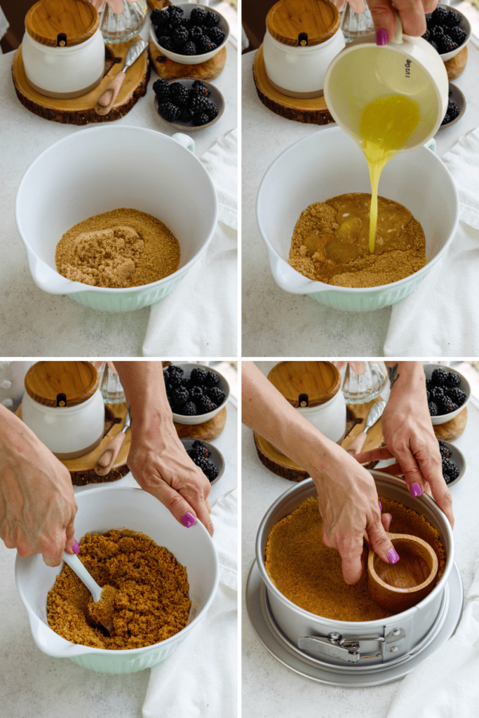 first picture: bowl with graham cracker crumbs and brown sugar added to it. second picture: graham cracker crumbs in a bowl with butter added to it. third picture: hand mixing the graham cracker crumbs and butter with a spatula. fourth picture: pressing the graham cracker crumbs on the cheesecake pan with a cup.