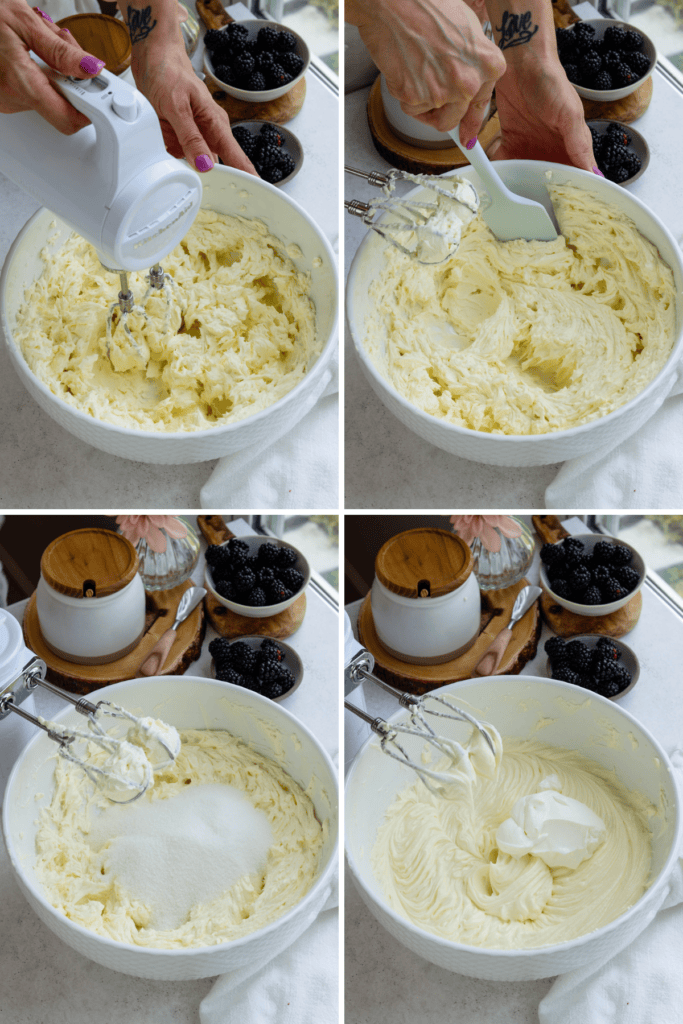 first picture: hand mixer whipping cream cheese in a bowl. second picture: hand with a spatula scraping the sides of the bowl. third picture: granulated sugar added to the bowl with cheesecake batter. fourth picture: bowl with cheesecake batter and sour cream added to it.