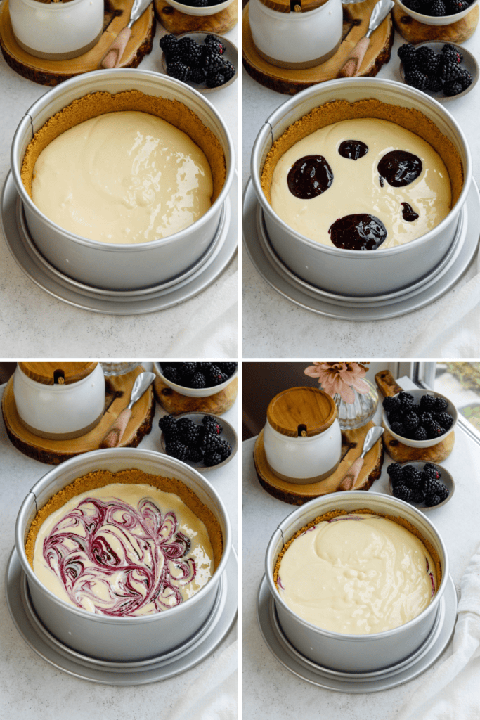 first picture: springform pan with cheesecake batter inside. second picture: springform pan with cheesecake batter inside and dollops of blackberry sauce inside. third picture: springform pan with cheesecake batter inside, swirled with blackberry sauce. fourth picture: springform pan with cheesecake batter inside.