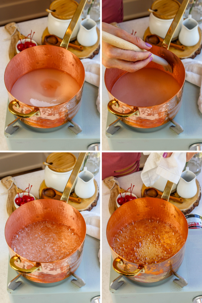 first picture: sugar and water mixed in a copper saucepan. second picture: hand with a brush brushing the sides of the copper pan with sugar and water inside. third picture: sugar and water syrup coming to a boil. fourth picture: the syrup looks a bit darker in the center.