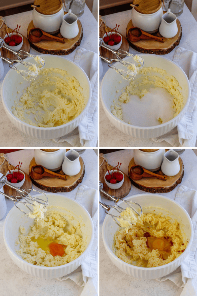 first picture: butter whipped in a bowl. second picture: sugar added to a bowl with whipped butter. third picture: bowl with batter inside, and egg added to the bowl. fourth picture: egg and vanilla added to a bowl with batter inside.