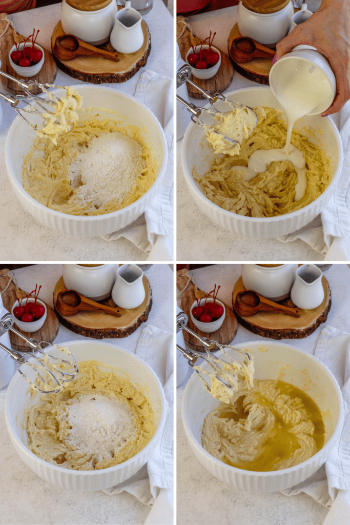 first picture: bowl with batter and flour added to the bowl. Second picture: hand adding buttermilk to the batter bowl. third picture: flour added to a bowl with batter. fourth picture: pineapple juice added to the bowl with batter.
