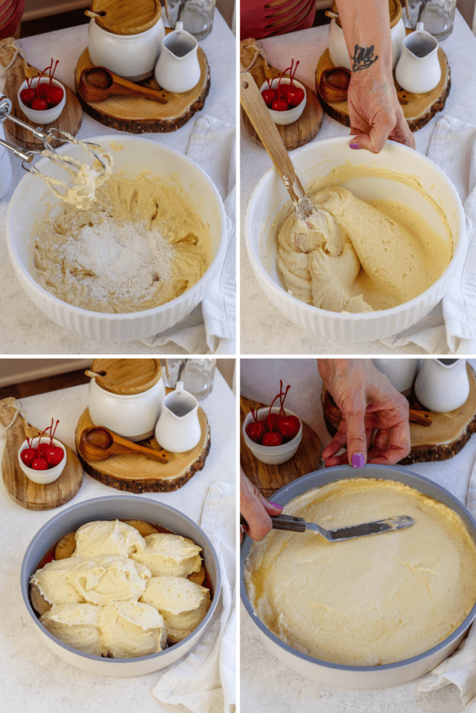 first picture: bowl with batter and flour added to the bowl. second picture: hand with a spatula folding the ingredients of cake batter. third picture: batter poured over pineapple and caramel in a cake pan. fourth picture: spatula smoothing out the cake batter in a pan.