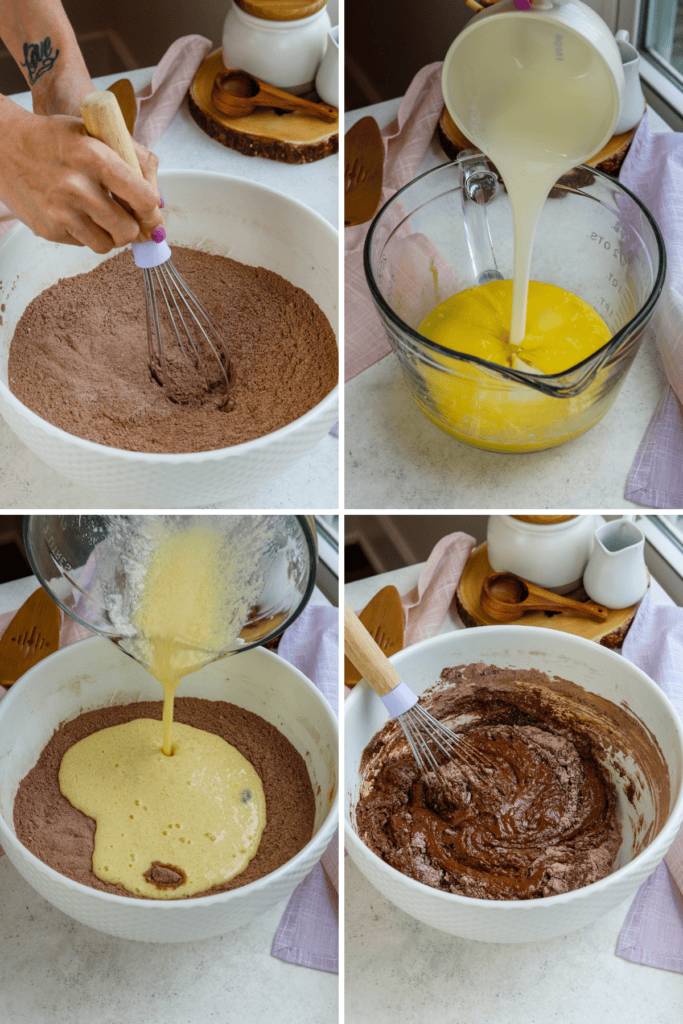 first picture: whisking the dry ingredients like flour sugar and cocoa powder in a bowl. second picture: mixing the wet ingredients like eggs and buttermilk and oil in a measuring cup. third picture: adding the wet ingredient mixture into the dry ingredients. fourth picture: whisking the batter with a whisk.