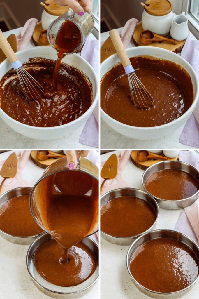 first picture: bowl with chocolate cake batter inside and a hand adding coffee to the batter. second picture: bowl with chocolate cake batter inside. third picture: pouring chocolate cake batter inside the cake pans. fourth picture: three cake pans with chocolate cake batter.