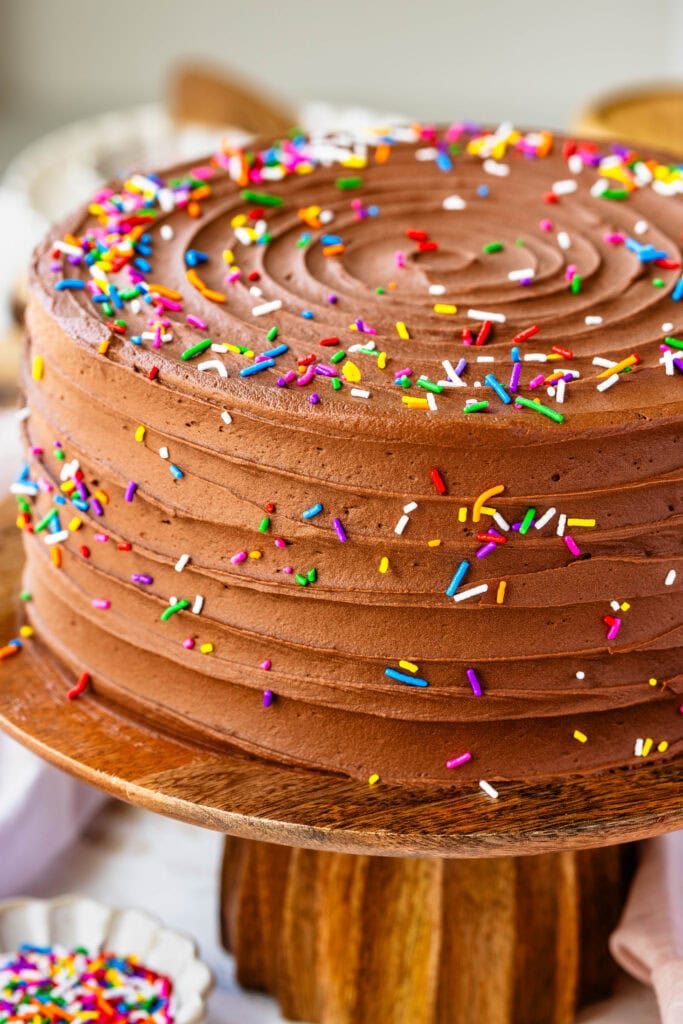 chocolate cake on top of a wooden cake stand with sprinkles on top of the cake and in a bowl on the bottom.