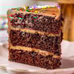 slice of chocolate cake on a plate, with sprinkles on top.