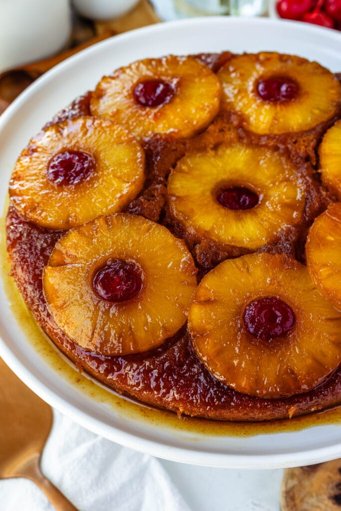 pineapple upside down cake on a plate.