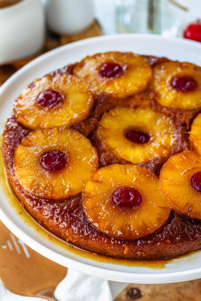 pineapple upside down cake on a plate.