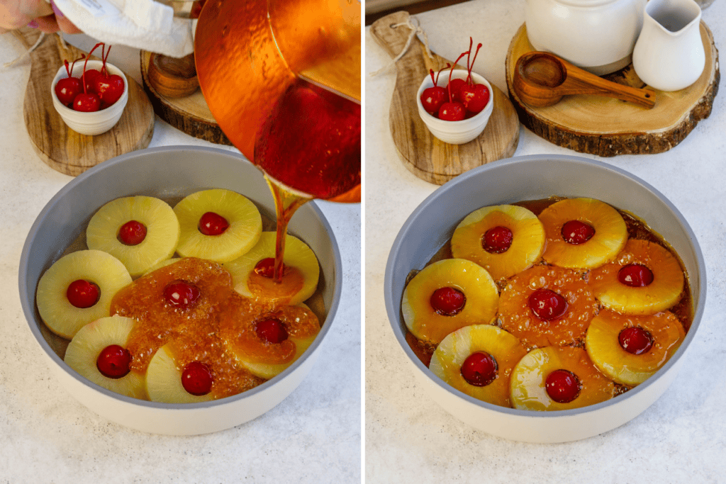 first picture: hand pouring caramel sauce over pineapple and cherries on the bottom of a saucepan. second picture: pan with pineapple rings and cherries and caramel poured over the fruits.