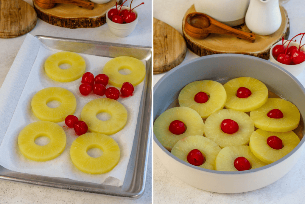 first picture: pineapple rings and cherries on top of a paper towel on a baking sheet. second picture: cake pan with pineapple slices and cherries laid on the bottom of the pan.