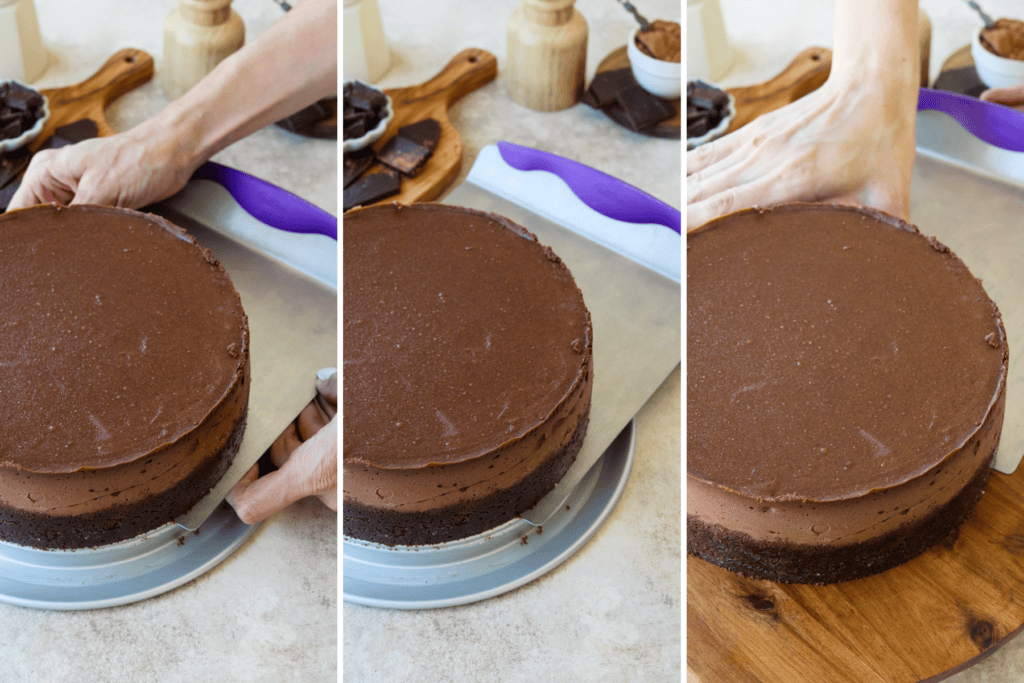 first picture: hands using a cake scraper to lift a cheesecake from the bottom of the pan. second picture: hands holding the cake scraper to lift the cheesecake off the pan. third picture: transferring the cheesecake to a wooden board using the cake scraper.