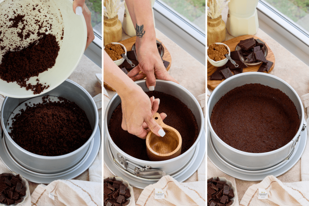 first picture: pouring crumbled chocolate cookies mixed with butter on the bottom of a springform pan. second picture: using a cup to pack the bottom and sides of the pan with the crust. third picture: springform pan with chocolate cookie crust inside.