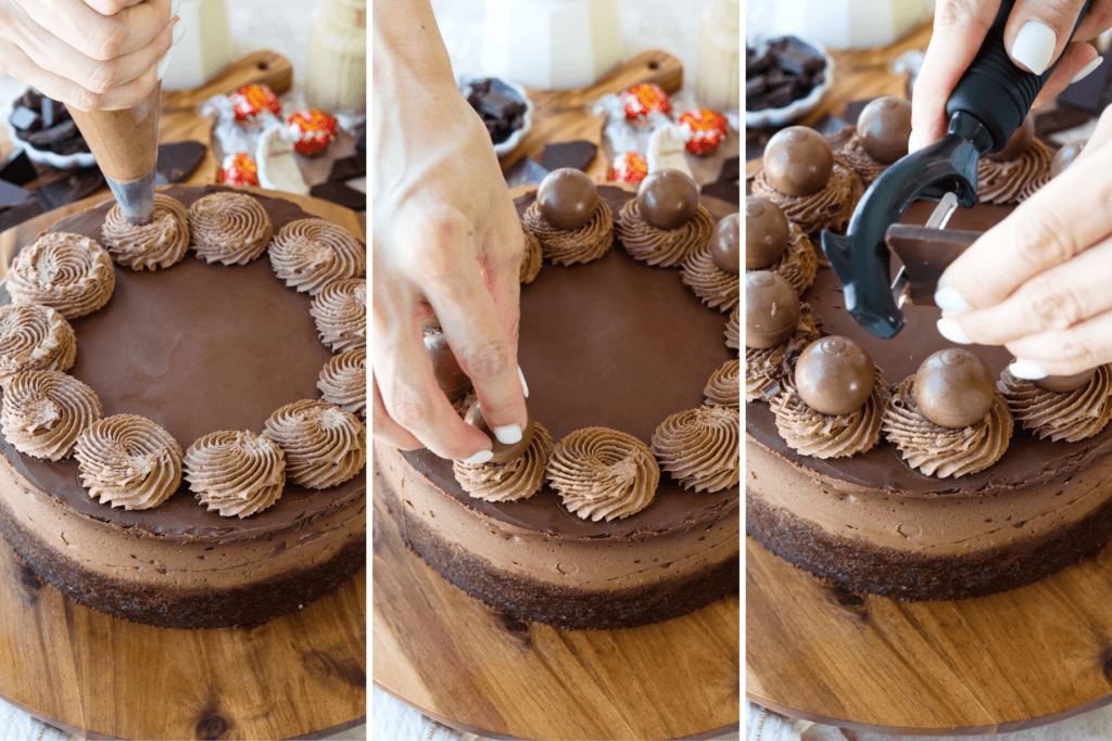 first picture: hand piping chocolate whipped cream on top of cheesecake. second picture: placing a chocolate truffle on top of the piped whipped cream. third picture: using a vegetable peeler to shave chocolate curls on top of the cheesecake.