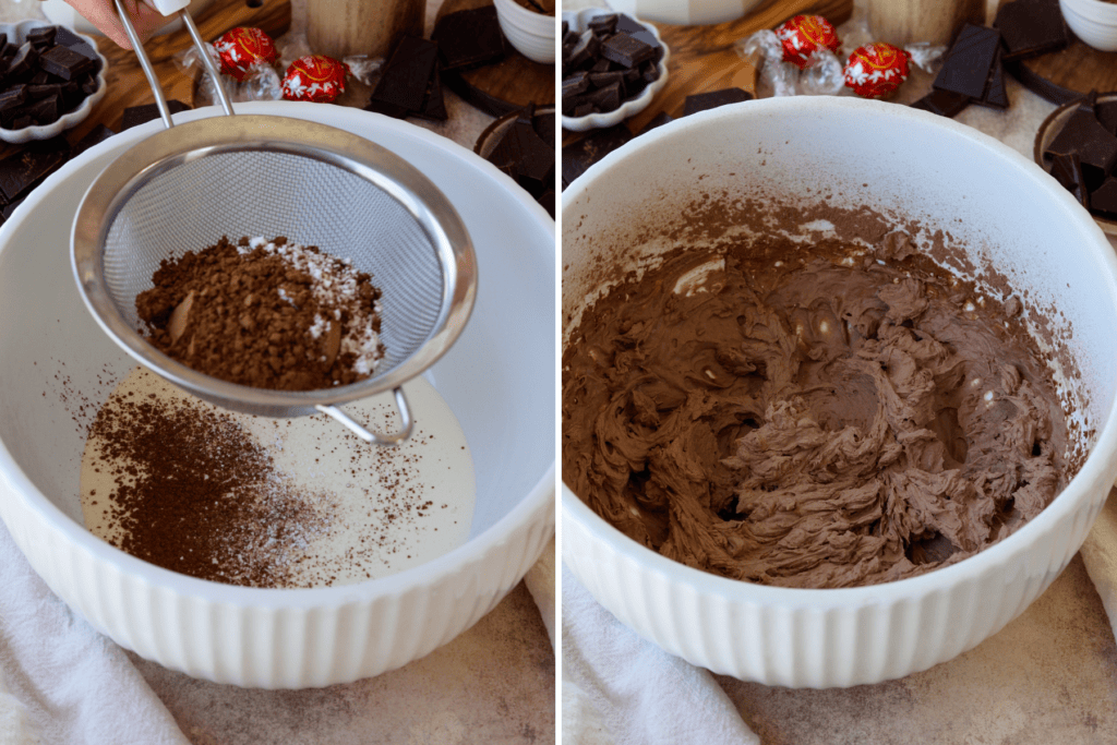first picture: sprinkling cocoa powder and powdered sugar over cream in a bowl, through a sifter. second picture: whipped chocolate cream in a bowl.