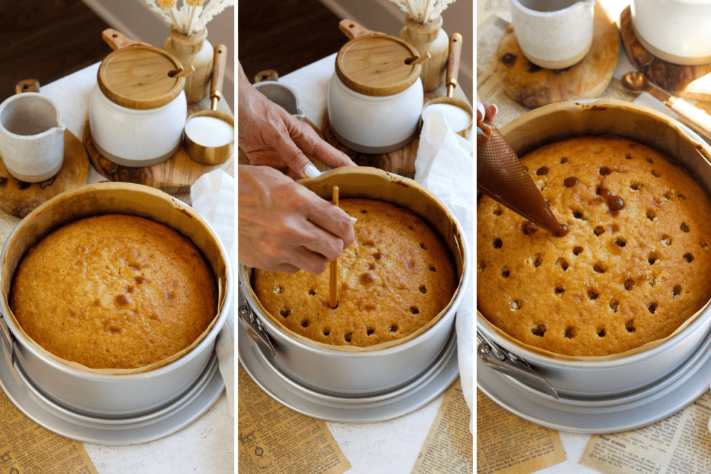 first picture: springform pan with baked cake in the pan. second picture: hand poking holes in a cake with chopsticks. third picture: using a piping bag to pipe caramel sauce inside each hole poked on the cake.