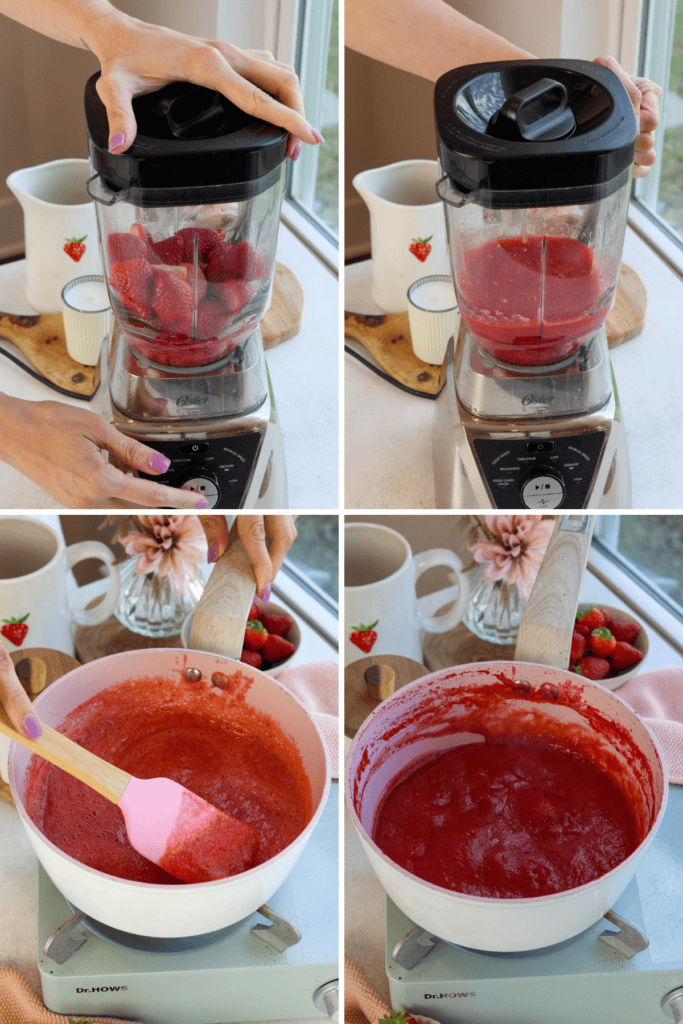 first picture: strawberries inside of a blender. second picture: strawberry puree inside of a blender. third picture: strawberry puree in a saucepan with a spatula stirring it. fourth picture: strawberry puree cooked and reduced.