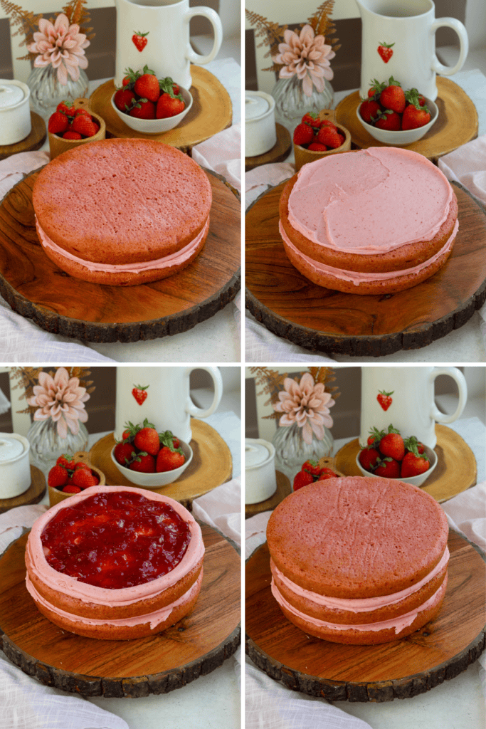 first picture: pink cake layers stacked on top of a wooden board with strawberries in the back. second picture: pink frosting on top of the cake layer. third picture: stacked cake layers with strawberry frosting piped around the edges and strawberry jam in the filling. fourth picture: three layers of strawberry cake stacked together.