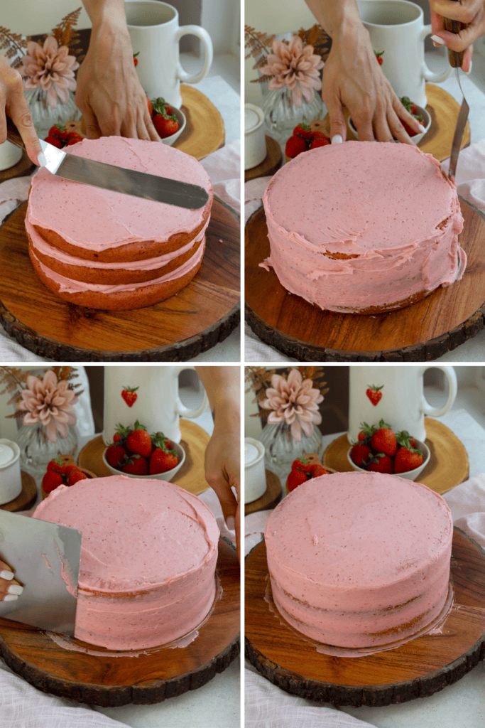 first picture: hand spreading pink frosting around pink strawberry cake. second picture: hand smoothing the frosting on a pink cake. third picture: hand smoothing the side of a strawberry cake frosted with pink frosting using a bench scraper. fourth picture: strawberry cake with a thin layer of strawberry frosting spread around it.