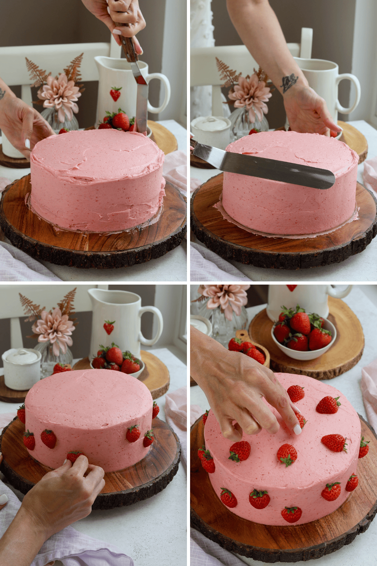 first picture: strawberry cake on a cake board, and someone with a spatula on the side of the cake adding more frosting. second picture: hand swiping the top of the cake with spatula to smooth it out. third picture: hand placing strawberries on the side of the pink frosted cake. fourth picture: hand placing a strawberry on top of the pink frosted cake.