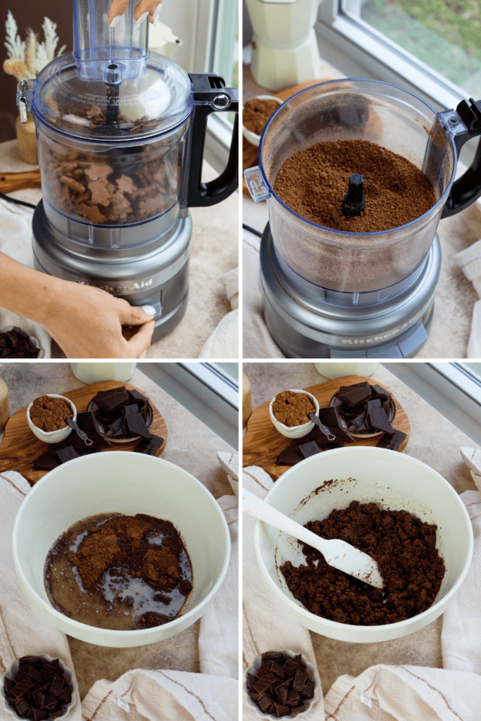 first picture: chocolate graham cracker bears inside of a food processor. second picture: chocolate cookie crumbs finely processed in the food processor. third picture: chocolate cookie crumbs in a bowl with butter added to the bowl. fourth picture: bowl with chocolate cookie crust inside.