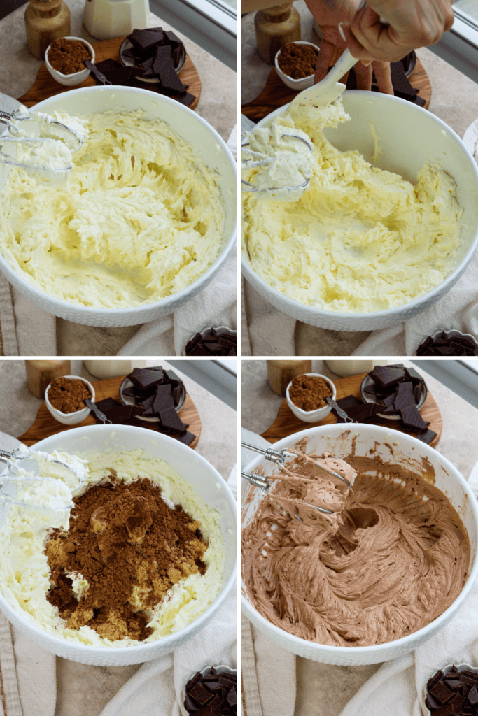 first picture: bowl with whipped cream cheese inside and a hand mixer next to it. second picture: bowl with whipped cream cheese inside and a hand using a rubber spatula to scrape down the sides of the bowl. third picture: bowl with whipped cream cheese inside, and granulated, and brown sugar, with espresso powder and cocoa powder added to the bowl. fourth picture: bowl with whipped cream cheese, sugar, and cocoa powder inside and a hand mixer next to it.