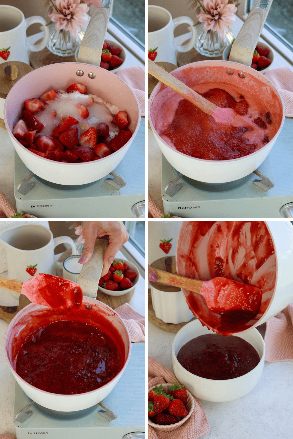 first picture: saucepan with strawberries, sugar, and lemon sugar inside. second picture: hand stirring the strawberries with a spatula. third picture: hand stirring strawberries cooking. fourth picture: strawberry jam being poured in a bowl.