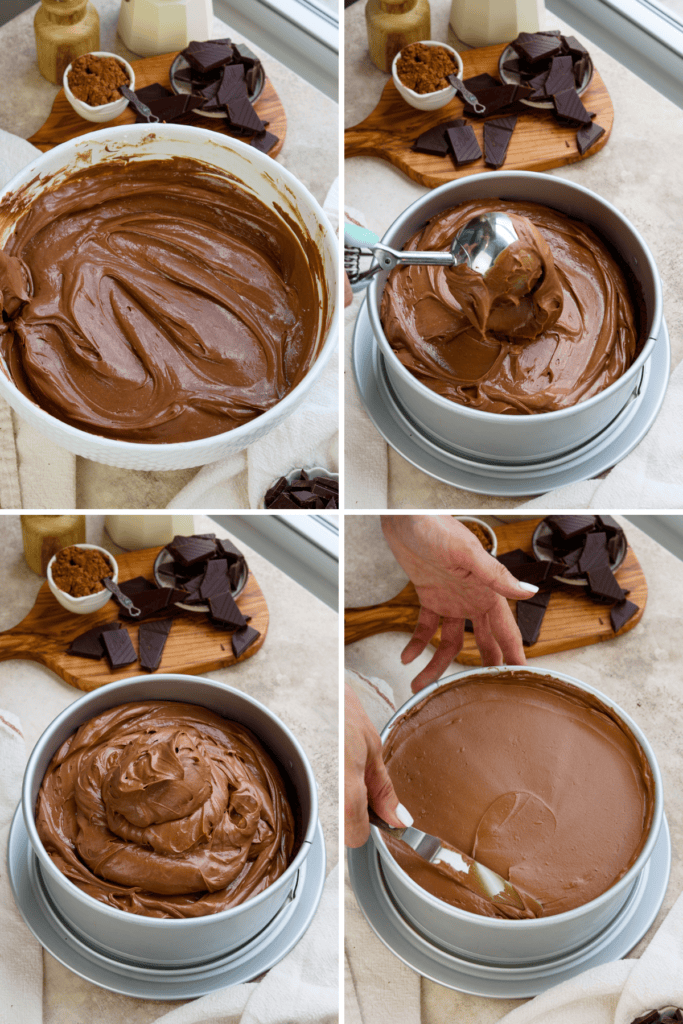 first picture: chocolate cheesecake batter in a bowl. second picture: scooping chocolate cheesecake batter into a springform pan using a cookie scoop. third picture: springform pan filled with chocolate cheesecake batter. fourth picture: hand spreading the chocolate cheesecake batter with a spatula on a springform pan.