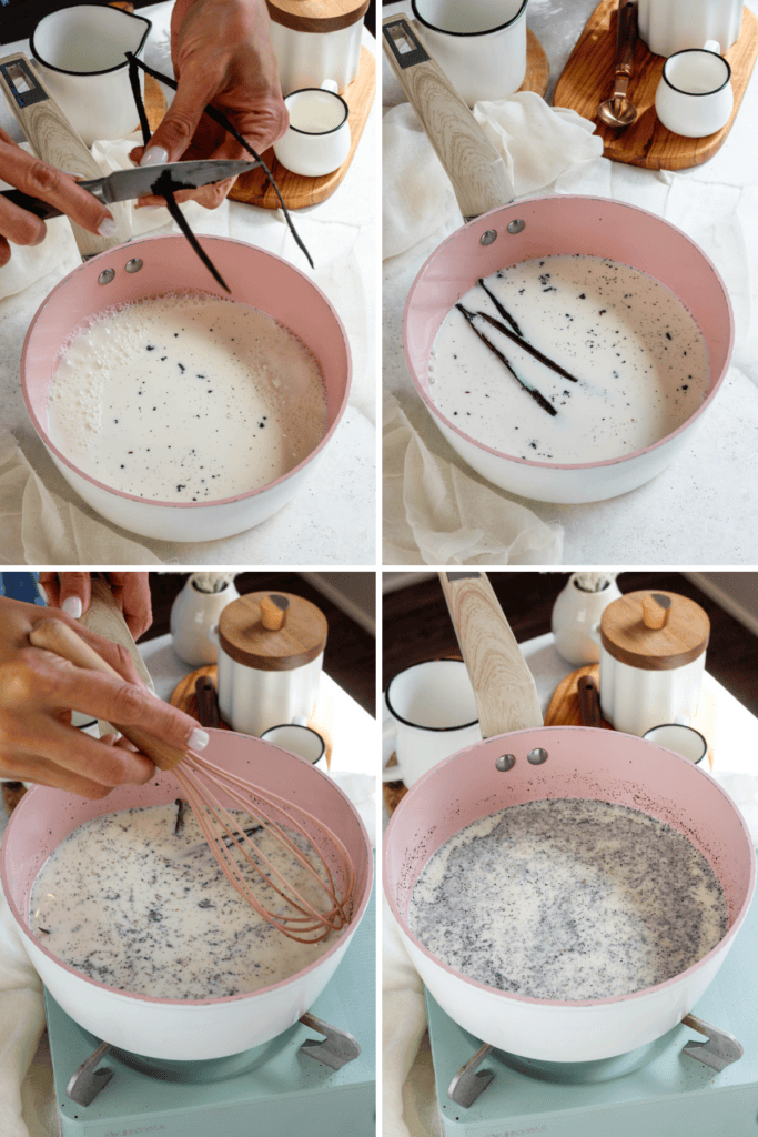first picture: saucepan with milk and vanilla beans added to the pan. second picture: saucepan with milk and vanilla beans inside. third picture: saucepan with milk and vanilla beans inside, and a whisk mixing the milk. fourth picture: saucepan with milk and vanilla beans inside.