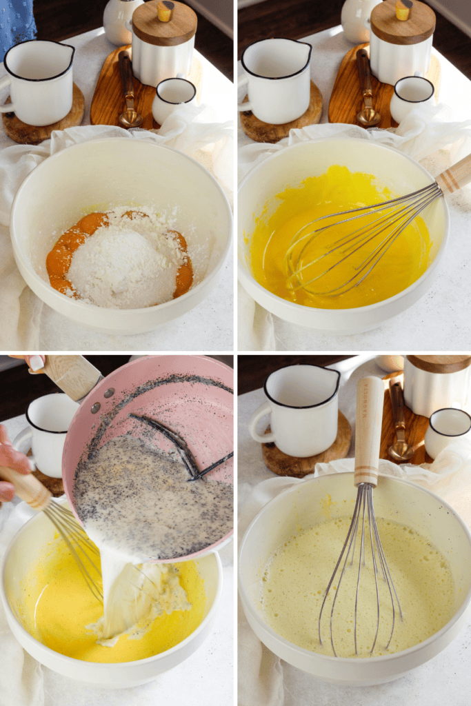 first picture: bowl with egg yolks inside and sugar and cornstarch added to the bowl. second picture: bowl with egg yolks and sugar whipped with a whisk. third picture: adding vanilla milk mixture to the egg mixture. fourth picture: whisking the milk and egg mixture together.